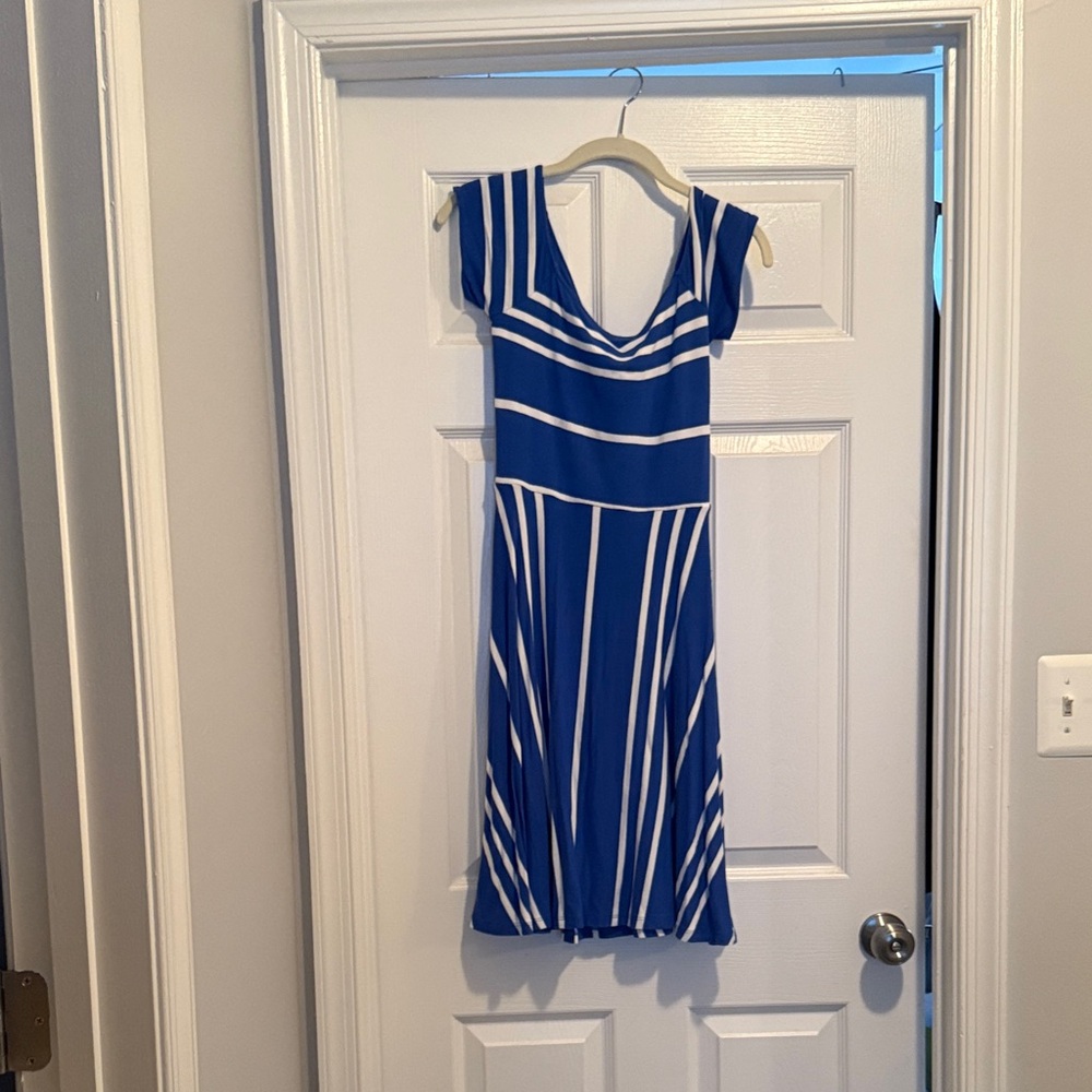 LOFT Blue and White Geometric Midi Dress